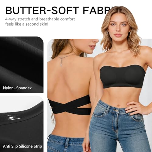 Image of SANNIDHI Strapless Bra for Women Non-Slip Silicone Bandeau Bras Wireless Clear Straps Comfy Tube Top Bralette Padded Bra