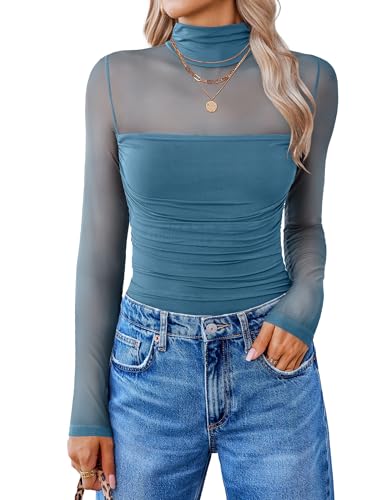 Image of Avidlove Women Long Sleeve Bodysuit Turtle Neck Shapewear Body Suits Mesh One Piece Leotard Shirt Going Out Tops Fall Outfits