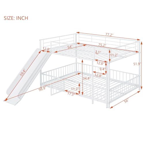 Image of Bellemave Full Over Full Bunk Bed with Slide and Ladder, Metal Low Bunk Beds for Kids, Girls, Boys, Removable Fence and Door, White