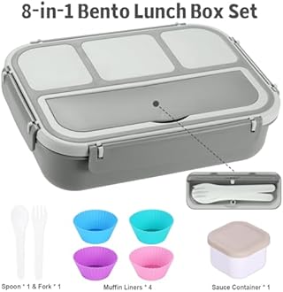 Bento Box Adult Lunch Box, Lunch Containers for Kids Girls Boys with 4 Compartments, Lunchable Food Container with Utensils, Sauce Jar, Muffin Liners, 40 Oz/5 Cup, Microwave & Dishwasher Safe, Gray