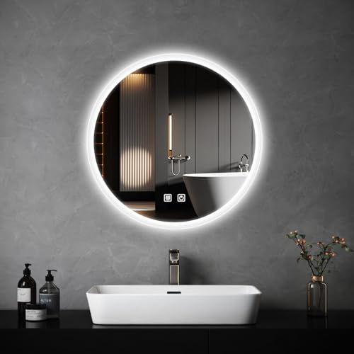 Image of JAMUBOCHE Round Bathroom Mirror with LED Lights, 50x50cm Illuminated Light Up Bathroom Mirror with Anti-Fog, 3 Colour Dimmable Lights, Backlight, Wall Mounted, Waterproof, Touch Control