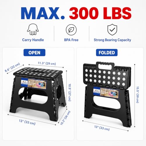 Image of ACKO 11 inch Folding Step Stool Lightweight Plastic Step Stool - 2 Pack - Foldable Step Stools for Adults,Non Slip Folding Stools for Kitchen Bathroom Bedroom (Black, 2 Pack)