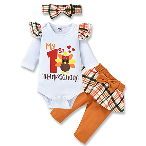 HINTINA Infant Baby Girl My First Thanksgiving Outfits Turkey Print Romper Long Pants Headband Clothes Set
