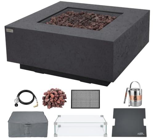 Image of AMS Creations | Brooklyn 40 inch Bundle Square Natural Gas Outdoor Fire Pit Table | Dark Gray Concrete GFRC | Limestone Texture Surface Fire Pit Table
