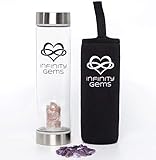 Infinity Gems Crystal Water Bottle For Crystal Elixir Water + Rose Quartz & Amethyst, FDA Approved BPA Free Heat Resilient Glass Crystal Infused Water Bottle for Healing Crystal Elixir Water