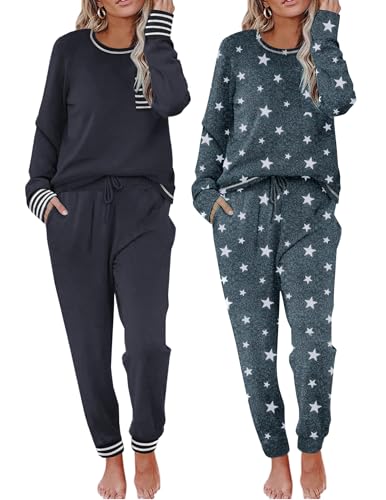 Image of Ekouaer 2 Pack Womens Pajama Sets Long Sleeve Lounge Sets Soft Pj Sleepwear Loungewear
