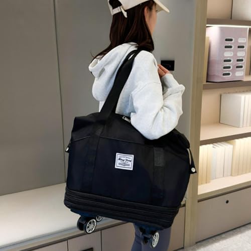 Expandable & Foldable Rolling Duffle Bag with Wheels, Large Capacity Carry-On Luggage with Dry Wet Separation, Waterproof Lightweight Travel Weekend Bag for Women Men (Black)2