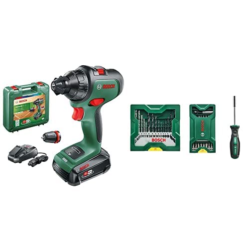 Bosch Akkubohrschrauber AdvancedDrill 18 (mit Akku, 18 Volt System, im Koffer) + 25 + 15 + 1 Mini-X-Line Set plus Griff (für Metall, Holz, Stein, Zubehör Bohrmaschine)