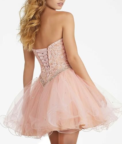 Short Tulle Homecoming Dresses wtih Beaded Applique Prom Dress for Teens A-Line Strapless Mini Cocktail Dress4