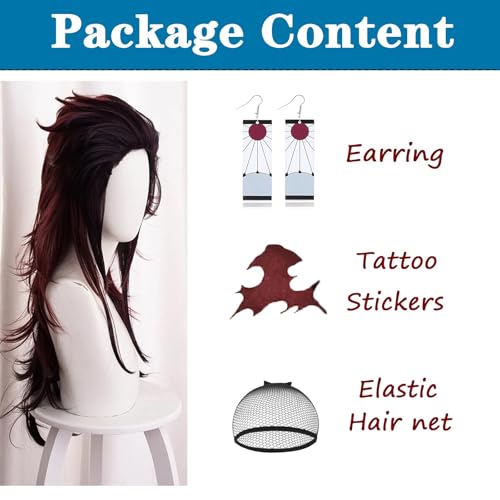 Adecors Demon Slayer Tanjiro Cosplay Wig Female Long Kimetsu No Yaiba Wig with Earrings Markings for Anime Cosplay, rose