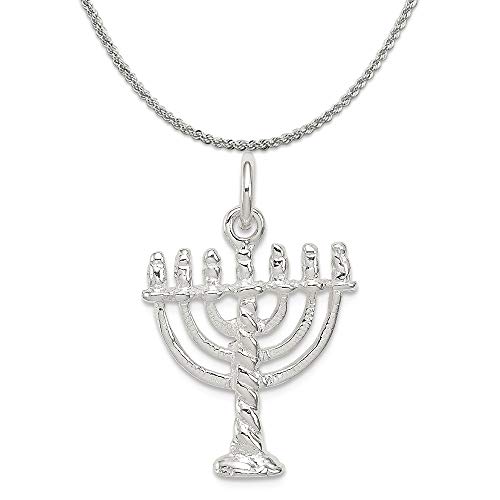 Sterling Silver Menorah Charm on a Sterling Silver Rope Chain Necklace, 20"