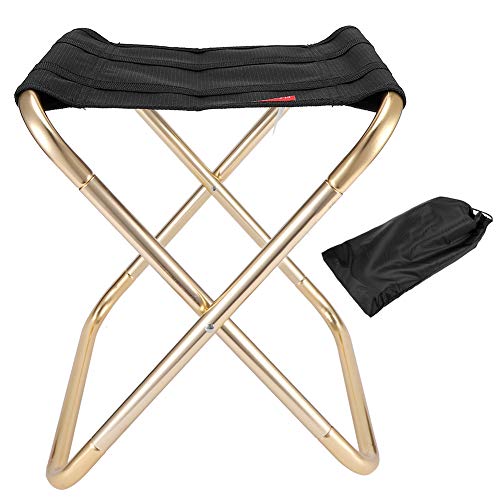 Juqrelith Taburete Plegable Portátil de Aleación de Aluminio, Silla Ligera y Compacta, Asiento de 31 cm, Negro y Dorado - Diseño Resistente, Fácil Transporte, Ideal para Acampadas y Pesca