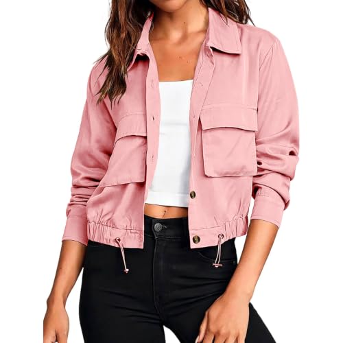 Blouson court femme col rabat avec grandes poches latérales veste décontractée
