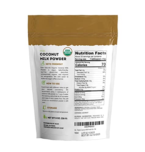 Organic Coconut Milk Powder (8 Oz) For Creamer, Coffee, Shakes & Cooking - Kate Naturals - Dairy-Free, Gluten Free, Vegan-Friendly, Keto-Friendly. Unsweetened Coconut Milk Powder Good For Skin & Boba. #TOP5