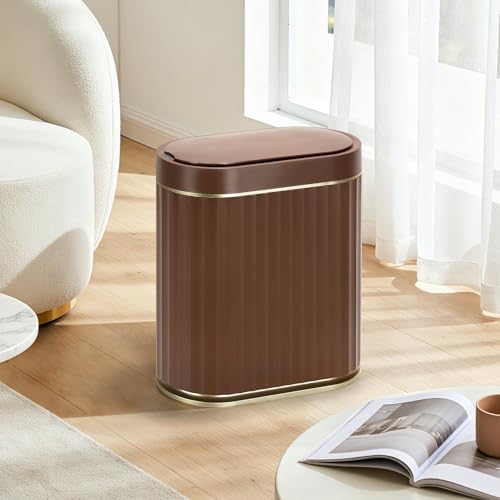 Image of ELPHECO Bathroom Motion Sensor Trash can, 2 Gallon Automatic Garbage Can, Slim Plastic Smart Trash Can with Lid, Commercial Intelligent Trash Bin for Bedroom, Bathroom, Office, Brown Gold