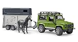 bruder 02592 - Land Rover Defender con remolque para caballos, 1 caballo, vehículo todoterreno, jeep, vehículo todoterreno, granja de caballos