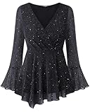VALOLIA Sparkly Tops for Women Cocktail: Formal Wrap Blouse - Bell Sleeve V-Neck Outfits - Fall Cross Peplum Asymmetrical Tunic New Years Eve Glitter Shirts Evening Wear Gala Party Black Medium