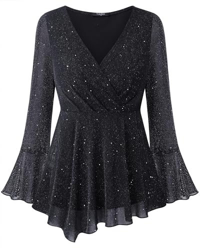 VALOLIA Glittery Tops Women Cocktail: Long Sleeve Dressy Casual Blouses