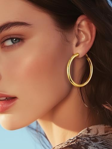 Image of Stainless Steel Chunky Hoop Earrings For Women, Minimalist and Chic, Black /Gold Plated, Round Hoops Earrings Hypoallergenic, Size: 30mm /40mm /60mm /80mm, Come with Box