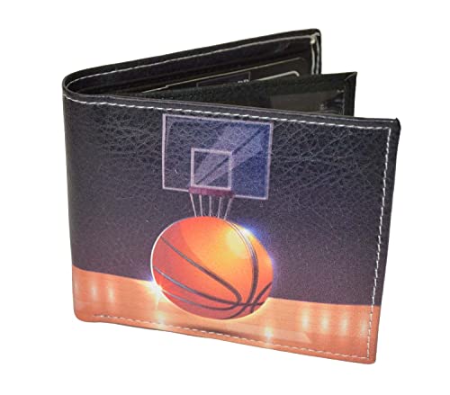 Leatherboss Printed Basketball Hoop Hardwood floor Sports Bifold Credit Card Cash Holder Wallet with Gift box for men Multicoloured
