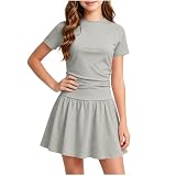 Sommerkleid Mädchen Kleider Kurzarm A-Linie Midikleid Sommer Kinder Freizeitkleid Leichte Mädchenkleider Einfarbig Kinderkleider Elegant Wickelkleid Luftige Faltenrock Rundhals Tunika Grau 170