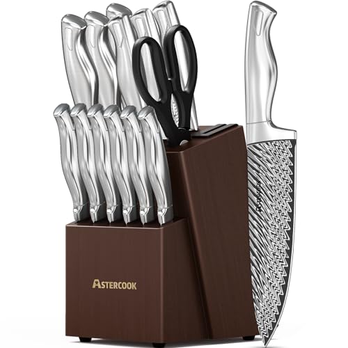 Knife Set, Astercook 15 Pieces Kitchen Knife Set with Built-in Sharpener, German Stainless Steel Knife Block Set, Razor-Sharp Knives with Full-tang Handle, Dishwasher Safe, Silver 15 Pcs