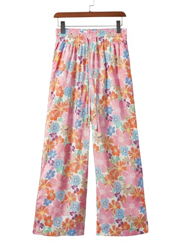 Casual Floral Smocked High Waist Loose Drawstring Pants with Pockets4