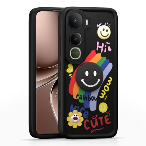 Image of Pikkme Back Cover for Vivo Y400 Pro 5G | Soft Silicone| Cute Rainbow Smile & 3D Cartoon Flower Design | Shockproof Raised Camera Protection Bumper Case (Black)