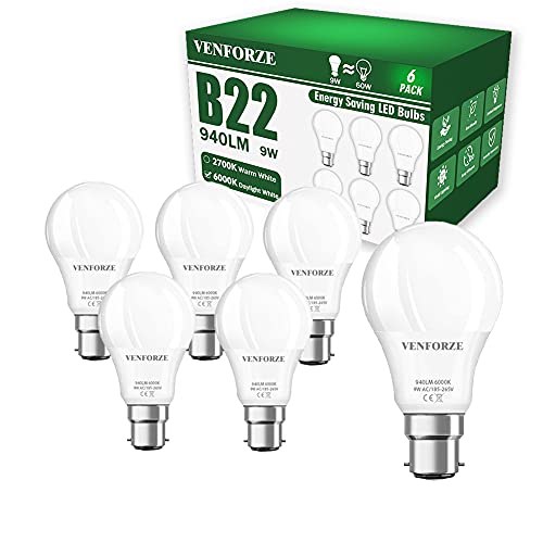 Venforze Bayonet Light Bulbs, 9W(Equivalent to 60W) 6000K Cool White B22 LED Bulb, 940LM A60 Bayonet Bulbs, Non Dimmable BC GLS Energy Saving Light Bulbs, Pack of 6