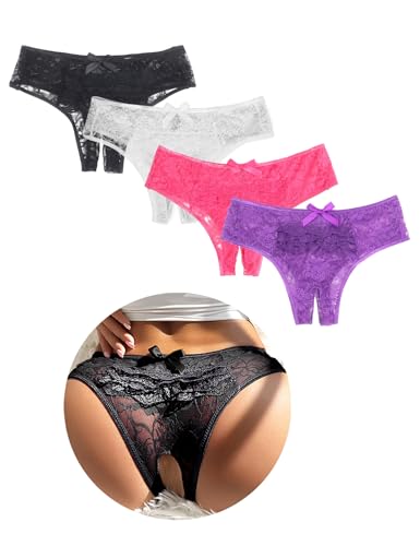 ohyeahlady String Tanga Damen Sexy Höschen Ouvert Slip Spitze Unterwäsche Dessous mit Offener Schritt Große Größen Panty Hipster Soft Blumen Loch Unterhosen Übergröße Mehrfarbig,M