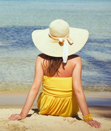 Image of Lanzom Womens Big Bowknot Straw Hat Floppy Foldable Roll up Beach Cap Sun Hat UPF 50+