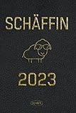 SCHÄFFIN 2023 Kalender für die Chefin mit Humor Terminplaner A5 | Lustiges Schaf mit Sonnenbrille | Farbe Gold Schwarz Lederoptik