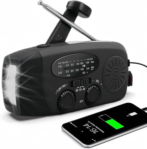 Radio De Emergencia Portátil, FM/Am Emergencia Radio con Solar Recargable Radios De Dinamo con Manivela con Linterna LED para Acampar, Radios Carga USB, 2000 MAh