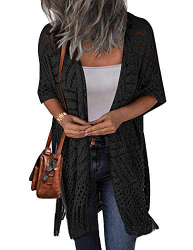 Image of HOTOUCH Womens Knit Cardigan Open Front Outwear Hollow Out Crochet Tassel Lightweight Kimonos Sweater S-XXL