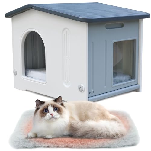 Cat House for Outdoor Indoor Use, Feral Cat House with Escape Door and Soft Mat, Cat Houses for Outdoor Cats Outside Cat Shelter for Small Pet, Assemble Easily - Grey