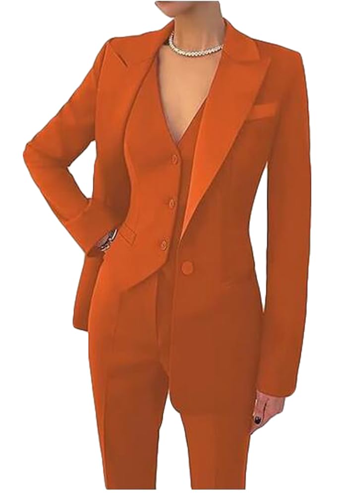 Botong Women's 3 Piece Office Work Suit Blazer Vest Pants Business Outfits Pants Suit Set Prom Party Suit Orange S