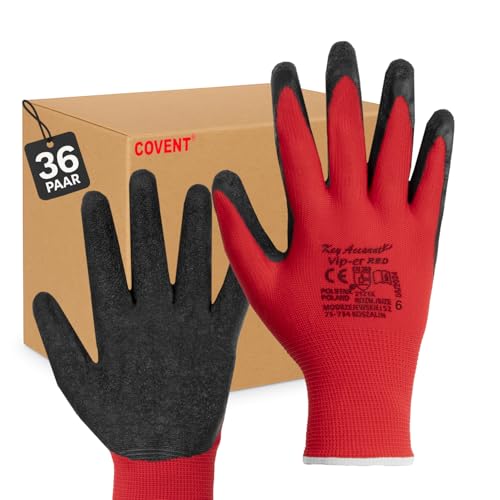 Covent Vip-er Red Arbeitshandschuhe Herren Gr 9 (36-er Set) – Montagehandschuhe Kategorie II – EN388 2121X – Bauhandschuhe für Umzugshelfer, Logistiker und Bauarbeiter