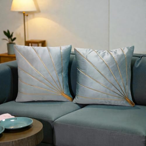 Image of Home Velvet Cushion Cover with Golden Stripes, Aqua Pack of 5, 16x16 to 26x26 Inch (Aqua, 20x20in)
