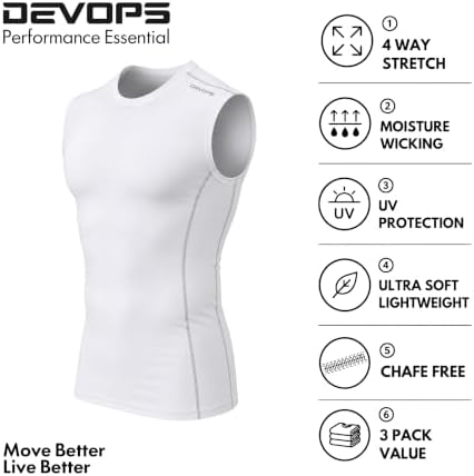 DEVOPS 3 Pack Men's Compression Shirts Sleeveless Tank Top Baselayer | Gym Training, Running, Moisture Wicking, Compression Fit, 4-Way Stretch, UPF 50+, Sleeveless