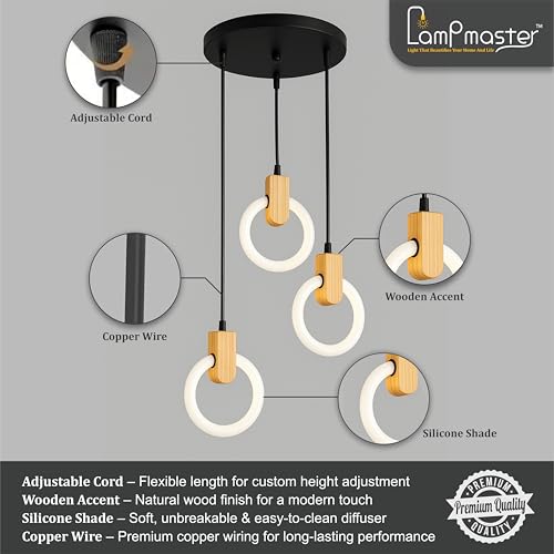 Image of Lampmaster 3-Ring LED Pendant Light | Modern Hanging Ceiling Lamp with Wooden Accent & Warm White Glow | Decorative Chandelier for Living Room, Dining Room, Bedroom, Restaurants & Cafe Interior