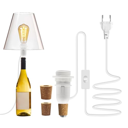 Lampara para Botella DIY, E14 Soporte Lámpara de Botella Pantalla Compatible, Portalámparas Lampara de Botella con 3 Tapones de Madera, Blanco Decorativa Adaptador Lampara Botella de Vino para Familia
