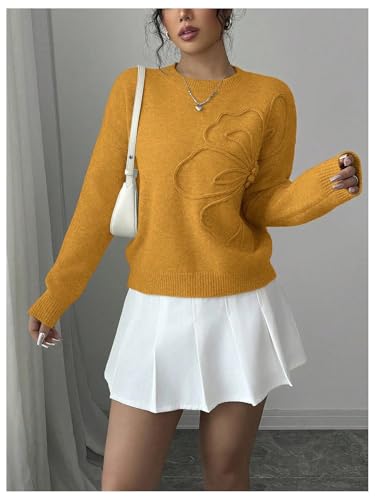 Image of RoseSeek Women's 3D Floral Appliques Crewneck Sweaters Long Sleeve Drop Shoulder Pullovers Elegant Knit Tops