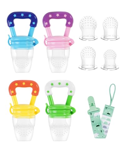 Image of Baby Fruit Feeder, Baby Food Feeder,Teething Pacifier (4 Pack), Baby Fruit Pacifier Feeder, Soft Safe BPA-Free Silicone Pouches, Training Massaging Toy Teether