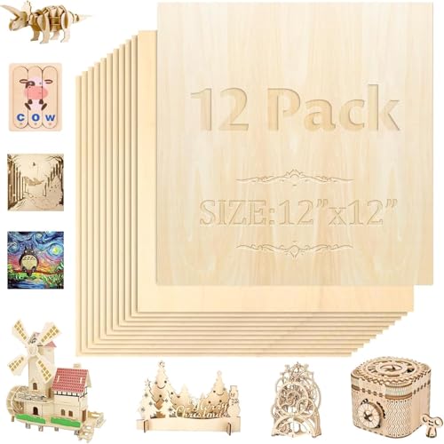 12 Pack 12"x12"x1/8" Basswood Sheets 3mm Basswood Plywood,Craft Wood balsa Wood,for DIY Ornaments and Model Engraving, Wood Burning, Architectural Models, Drawing、Wood for Laser Cutting