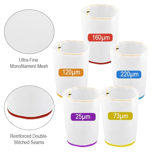 5 Stück 5 Gallonen Mesh Bubble Bags, Bubble Bag Hash Sieb für Sustainable Filtration of Herbal Extracts, Presssieb und Aufbewahrungsbeutel Kit für Kräuterextraktion und Produktion(25 to 220-Mikron)