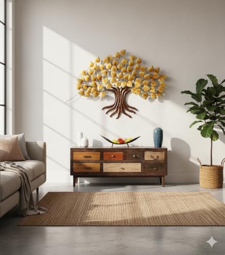 Image of Bharat Art Metal Big Tree Wall Art | Handcrafted Iron Peepal Led Tree Wall Hanging for Living Room, Bedroom, Hall, Office & Entrance Decor (Peepal Golden, 58 x 4 x 41 Inch) W038 A