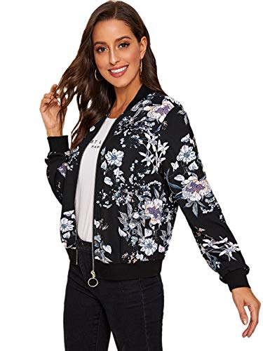 Romwe Women's Long Sleeve Zipper Floral Plaid Stand Collar Bomber Jacket Top Black M #TOP4