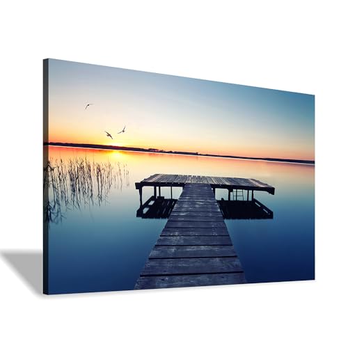 lake wall art pier picture: scenic nature canvas wall art lake scene artwork dock scenery wall decor painting - sunset landscape prints for bedroom house 16