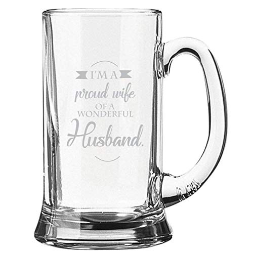 Image of TheYaYaCafe Beer Mug for Husband | Engraved Glass Mug inchProud Wife of Wonderful Husband inch | Birthday & Anniversary Gift for Husband | 357ml