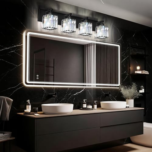 Image of Black Crystal Bathroom Vanity Light, 4-Light Modern Bathroom Lighting Fixtures Over Mirror, Matte Black Wall Sconce Light Fixtures with Square Shade